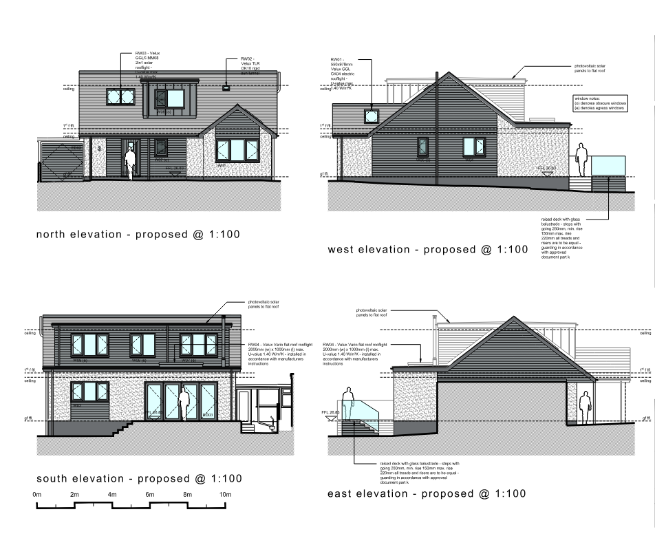 Proposed north, west, south and east elevations for the renovation of 3 Polgoon Close in Penzance