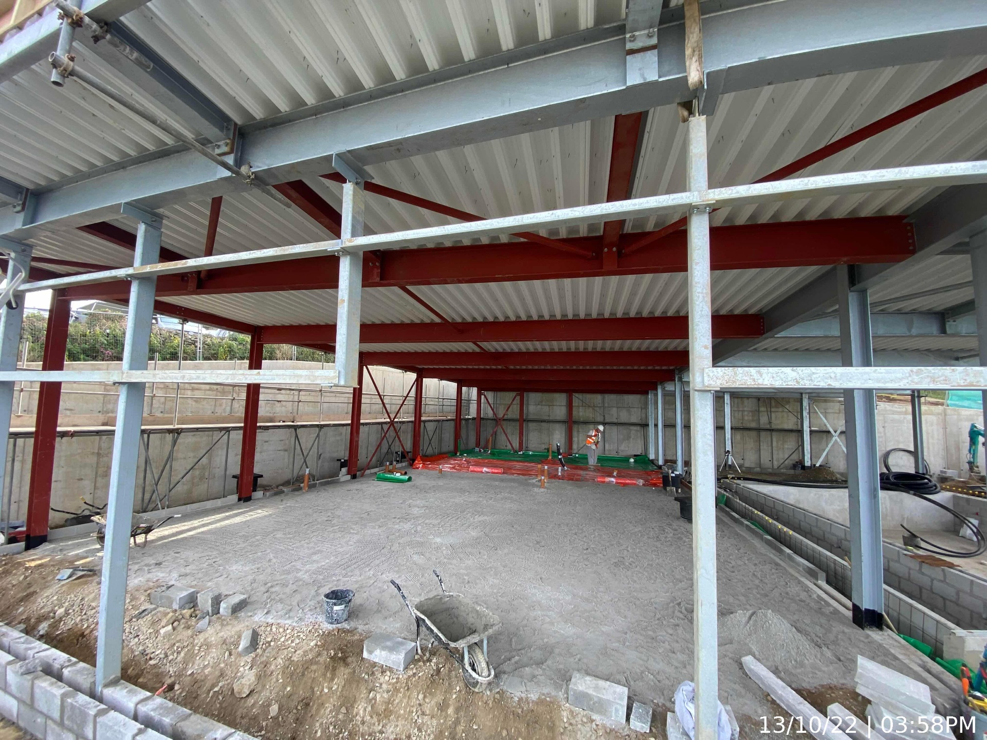 Interior view of the steel frame and reinforced concrete base at AYR Holiday Park