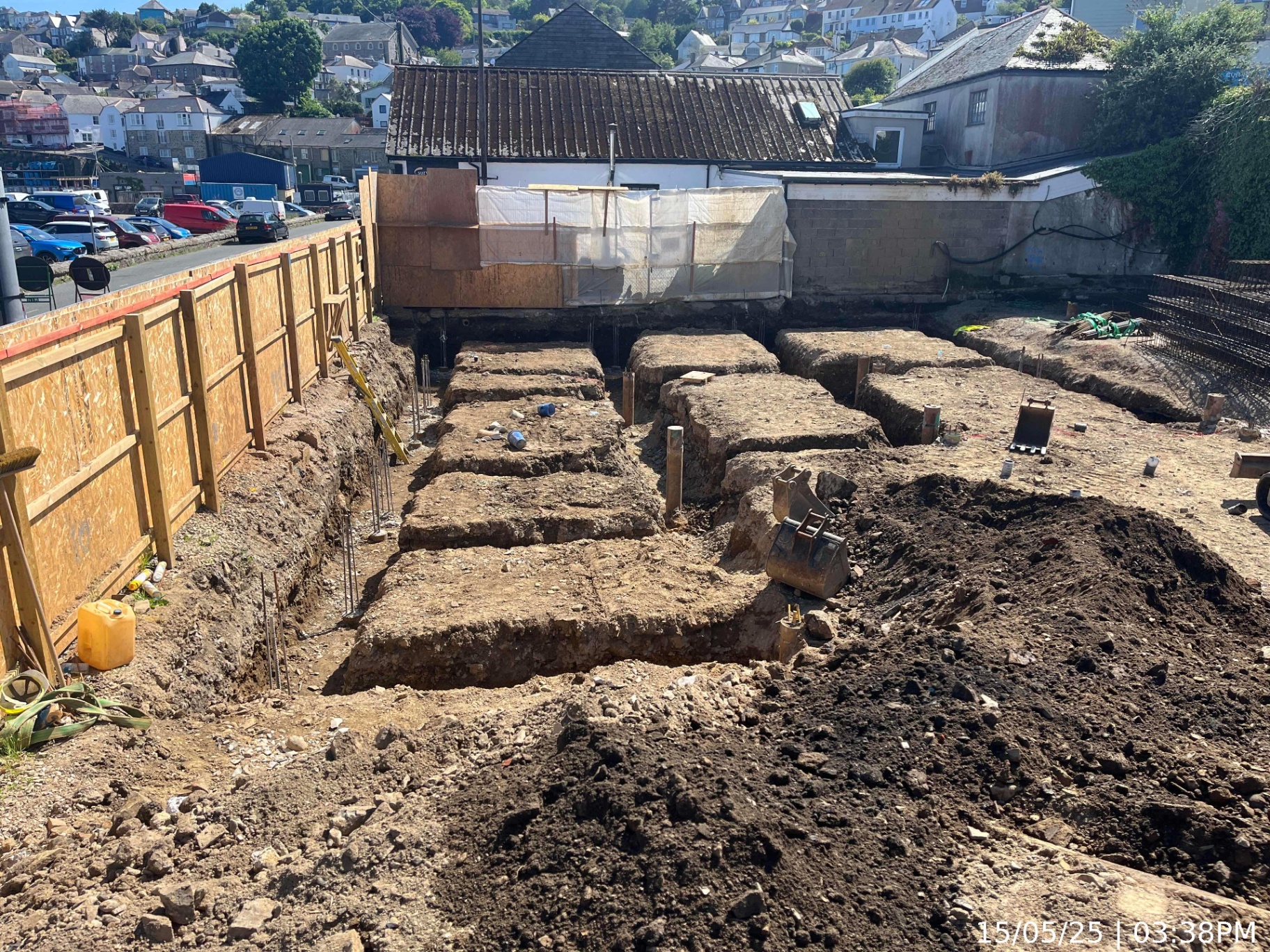 Excavated foundations and ground beams at the Newlyn Skills Centre site overlooking the village