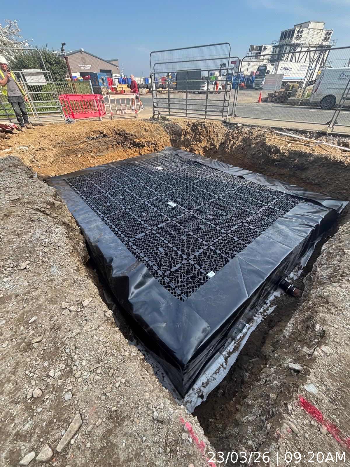 Surface water attenuation crate installation forming part of the drainage package
